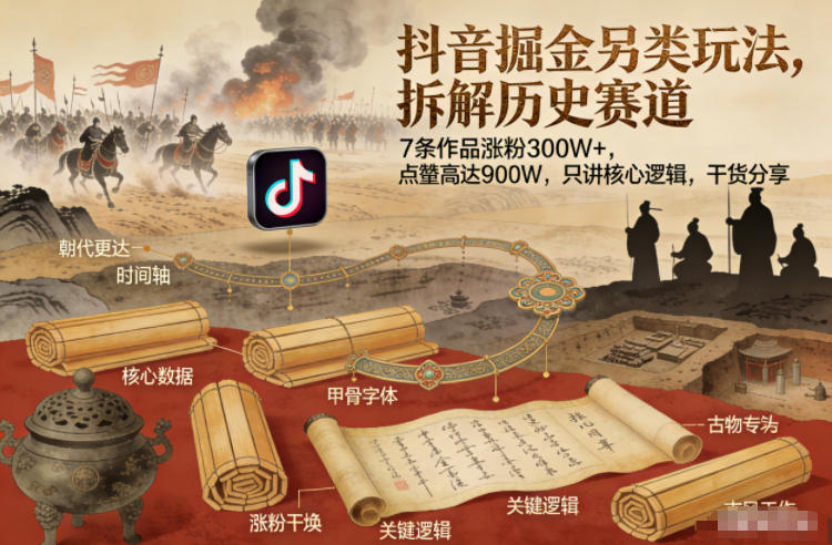 抖音掘金另类玩法，拆解历史赛道，7条作品涨粉300W+，点赞量高达900W，只讲核心逻辑，干货分享-88项目资源库