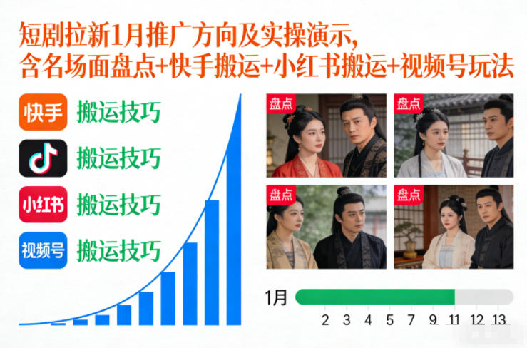 短剧拉新1月推广方向及实操演示，含名场面盘点+快手搬运+小红书搬运+视频号玩法-88项目资源库
