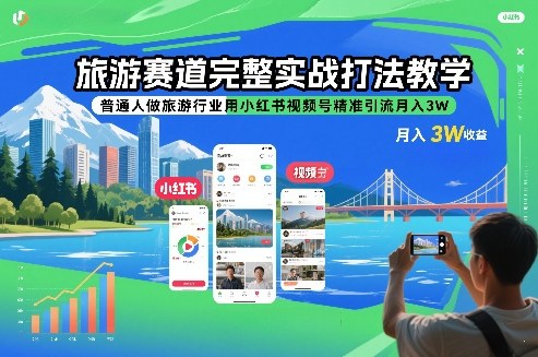 旅游赛道完整实战打法教学，普通人做旅游行业用小红书视频号精准引流月入3W-88项目资源库