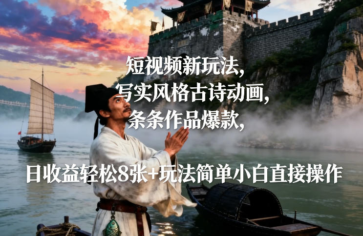 短视频新玩法，写实风格古诗动画，条条作品爆款，日收益轻松8张+玩法简单小白直接操作-88项目资源库