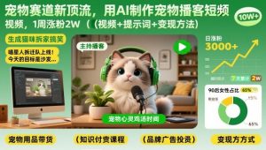 宠物赛道新顶流,用AI制作宠物播客短视频,1周涨粉2W(视频+提示词+变现方法)-88项目资源库