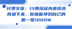 付费文章:13条深层内幕统统背诵下来,你就能挣到自己的第一笔1000W-88项目资源库