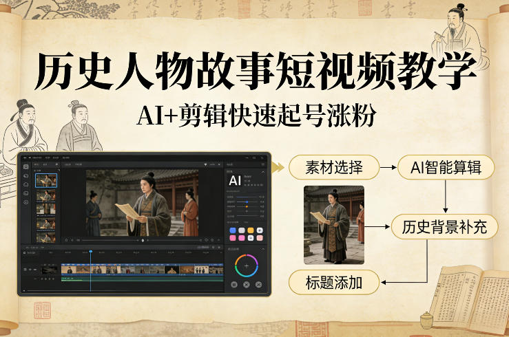 历史人物故事短视频教学，AI+剪辑制作历史人物题材短视频，快速起号涨粉-88项目资源库