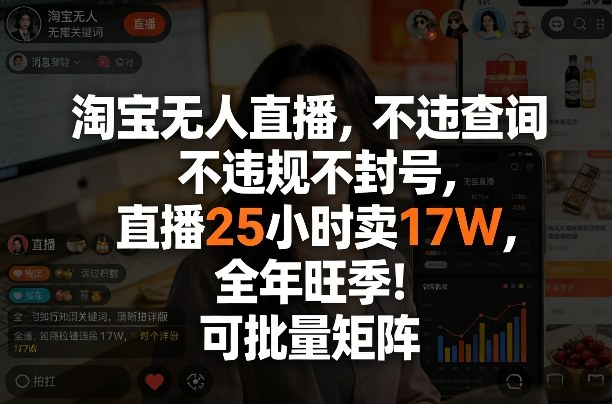 淘宝无人直播，不违规不封号，直播25小时卖17W，全年旺季！可批量矩阵【揭秘】-88项目资源库