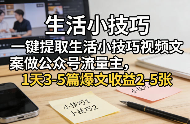 一键提取生活小技巧视频文案做公众号流量主，1天3-5篇爆文收益2-5张-88项目资源库