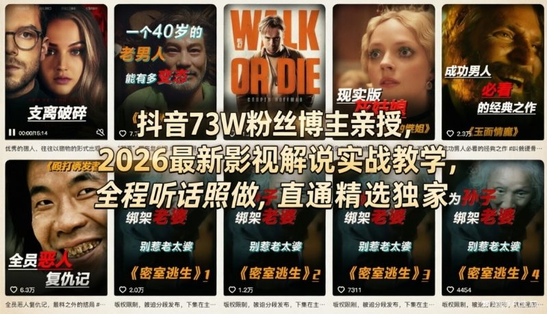 抖音73W粉丝博主亲授，2026最新影视解说实战教学，全程听话照做，直通精选独家-88项目资源库