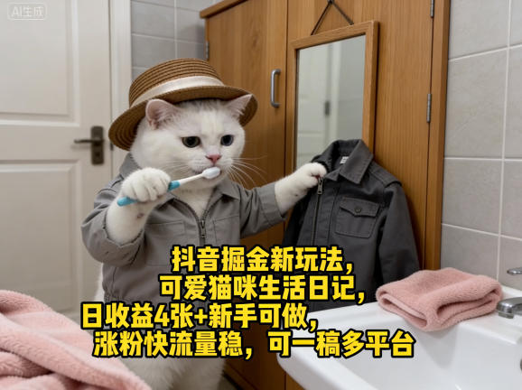 抖音掘金新玩法，可爱猫咪生活日记，日收益4张+新手可做，涨粉快流量稳，可一稿多平台-88项目资源库