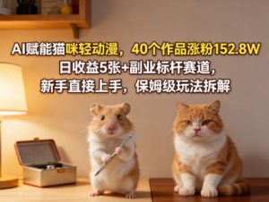 AI赋能猫咪轻动漫，40个作品涨粉152.8W，日收益5张+副业标杆赛道，新手直接上手，保姆级玩法拆解-88项目资源库